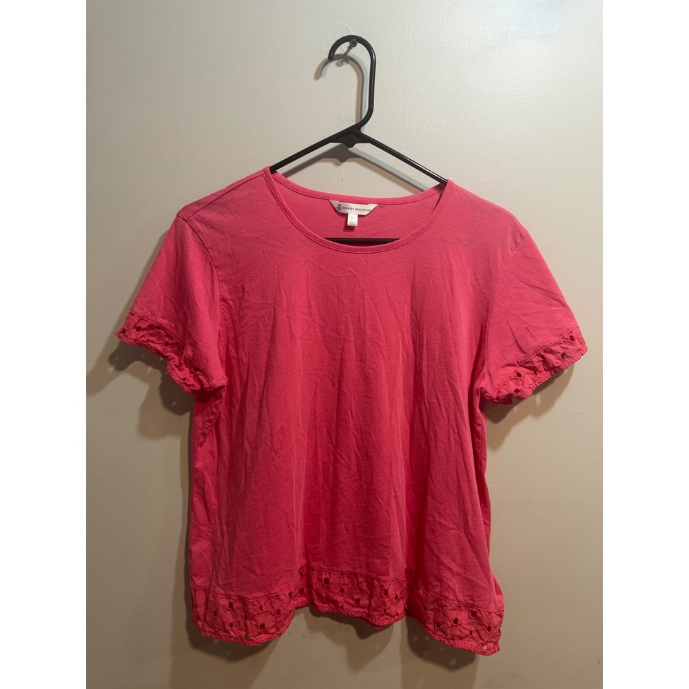 Brooks Brothers Womens XL Pink Eyelet‎ Trim Cotton Short Sleeve T-Shirt Top